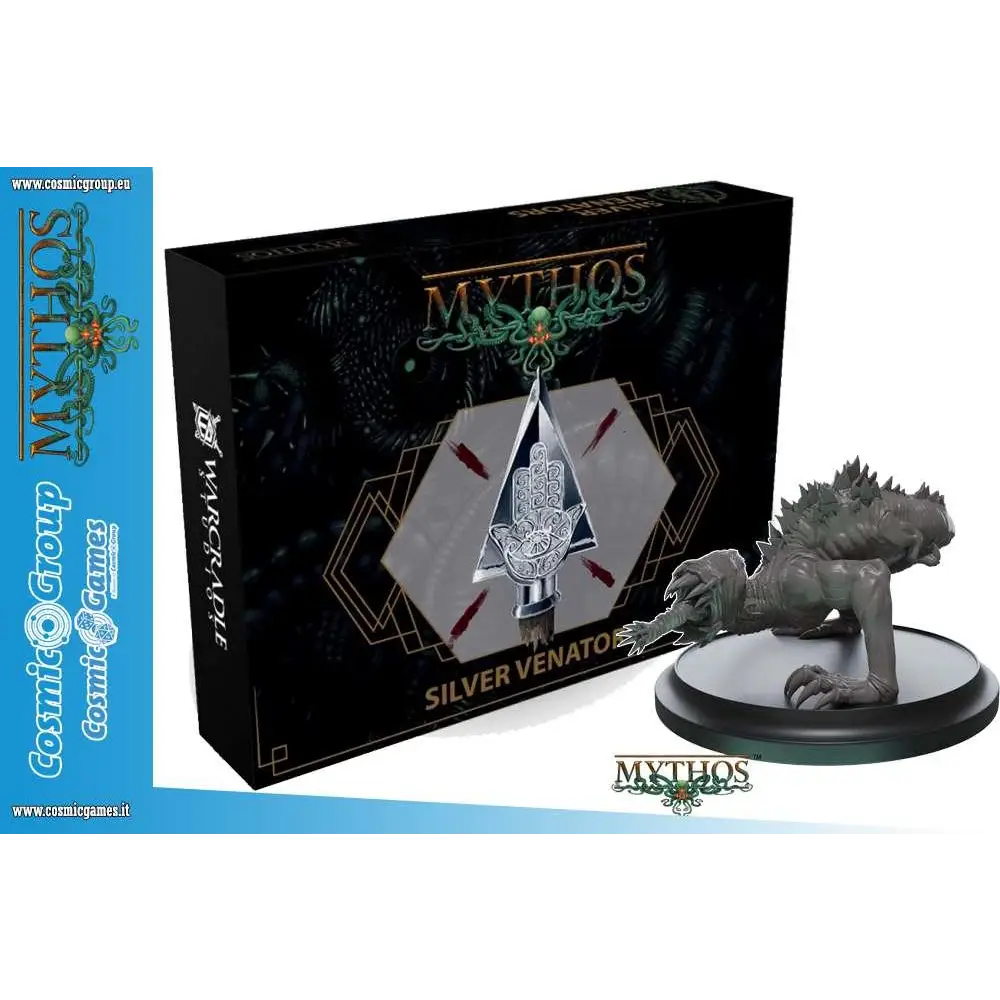 Silver venator miniatyrfigur med texturerade reptilskalor och taggig rygg på svart cirkulär bas från Mythos Silver Venators Faction Starter Set