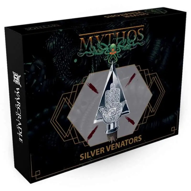 Silvrig metallpil med hamsa-design från Mythos Silver Venators-set