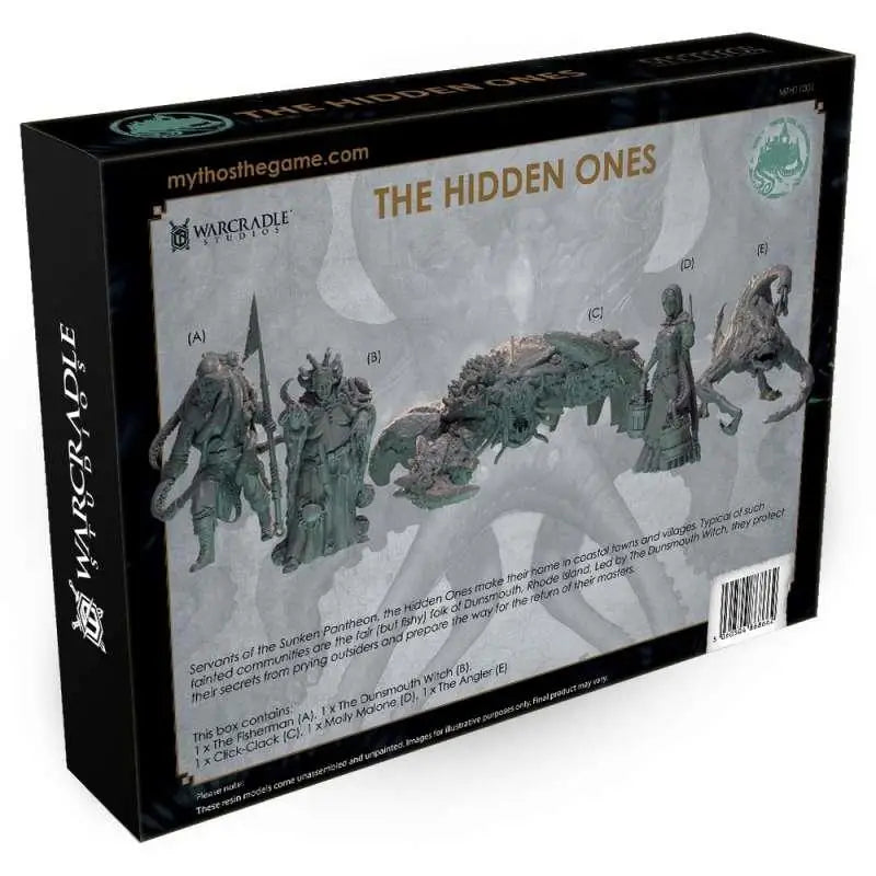 Mythos: The Hidden Ones Faction Starter Set, svart och grå förpackning med gröngrå figurer