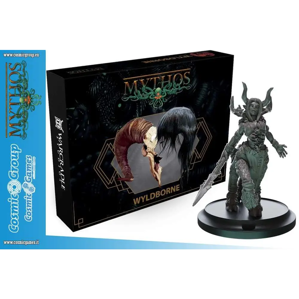 Grönaktig-grå miniatyrfigur av hornad krigare i rustning från Mythos Wyldborne