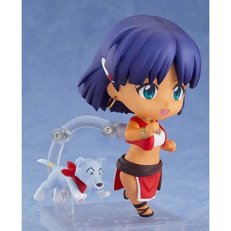 Nendoroid Nadia med lila hår, blå ögon, röd-vit outfit och vit hund