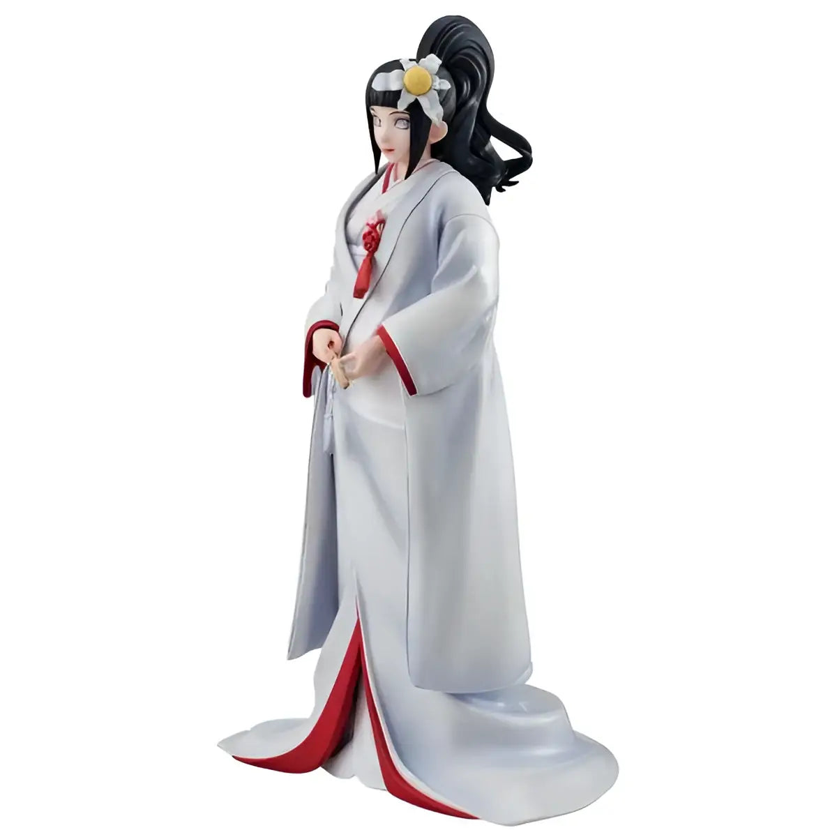 Hinata i vit och röd kimono med svart hår och gul blomma, Naruto Gals bröllopsfigur