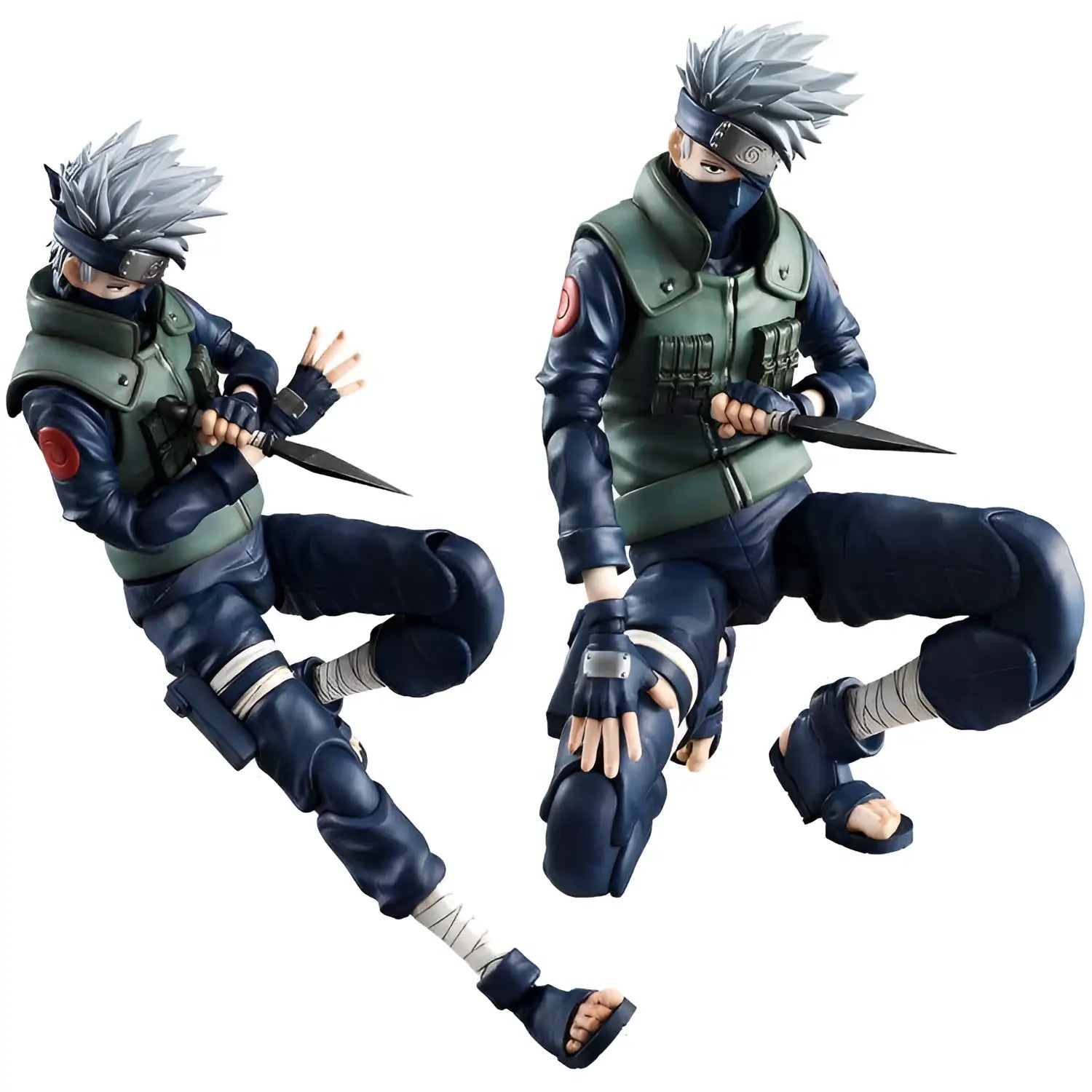 Två detaljerade Kakashi Hatake-actionfigurer från Naruto i dynamisk pose