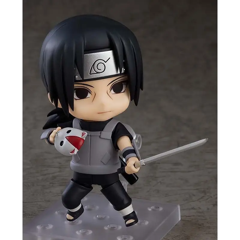 Naruto Itachi Uchiha Nendoroid Anbu Black Ops figur med svart hår, silver huvudband och grå väst, håller svärd och vit mask