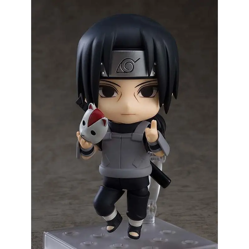 Naruto Itachi Uchiha Nendoroid Anbu Black Ops figurin med svart hår, silver huvudband, grå outfit och vit räv mask