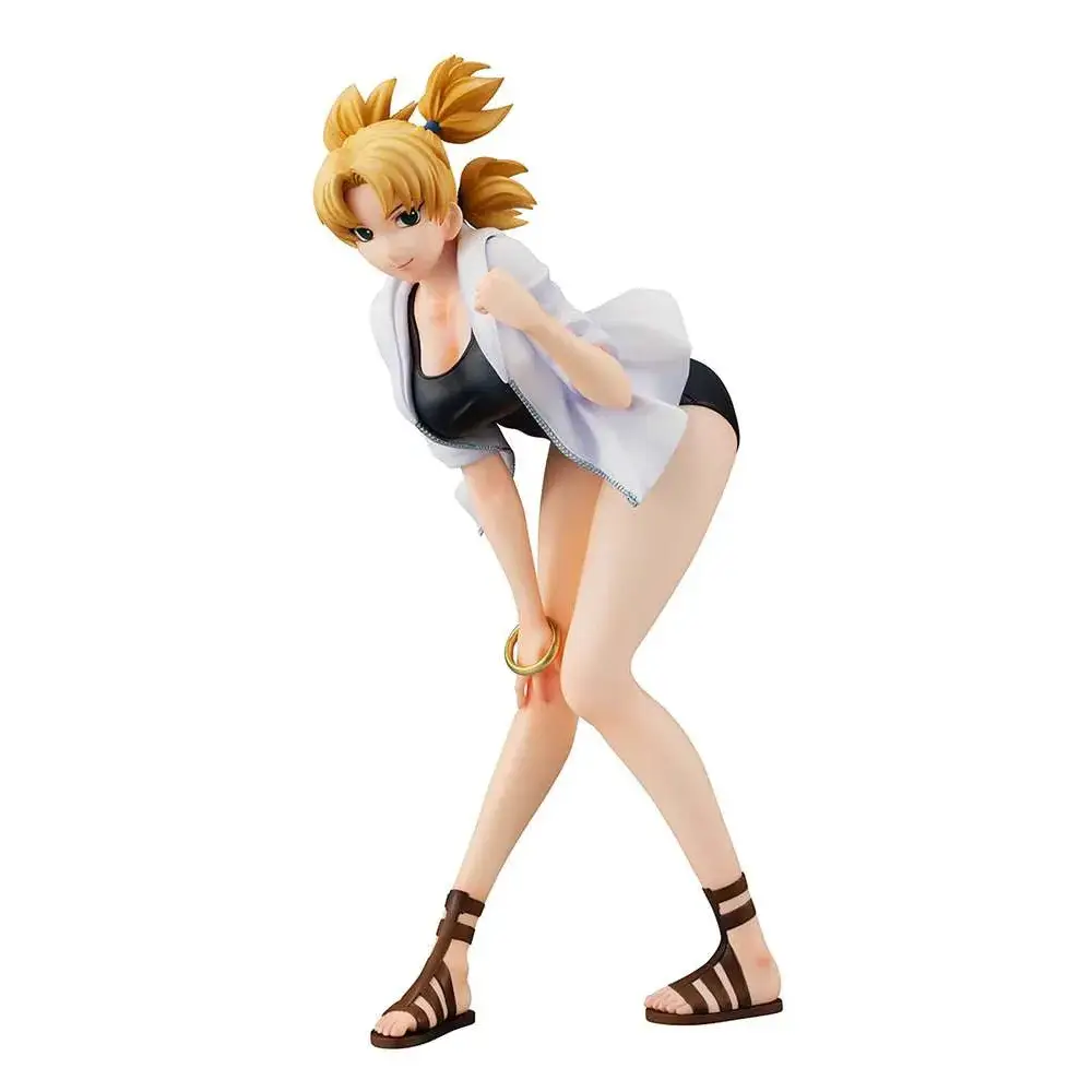 Detaljerad anime-figur av Naruto Temari i blont tvillinghästar, svart baddräkt under öppen vit jacka och bruna sandaler