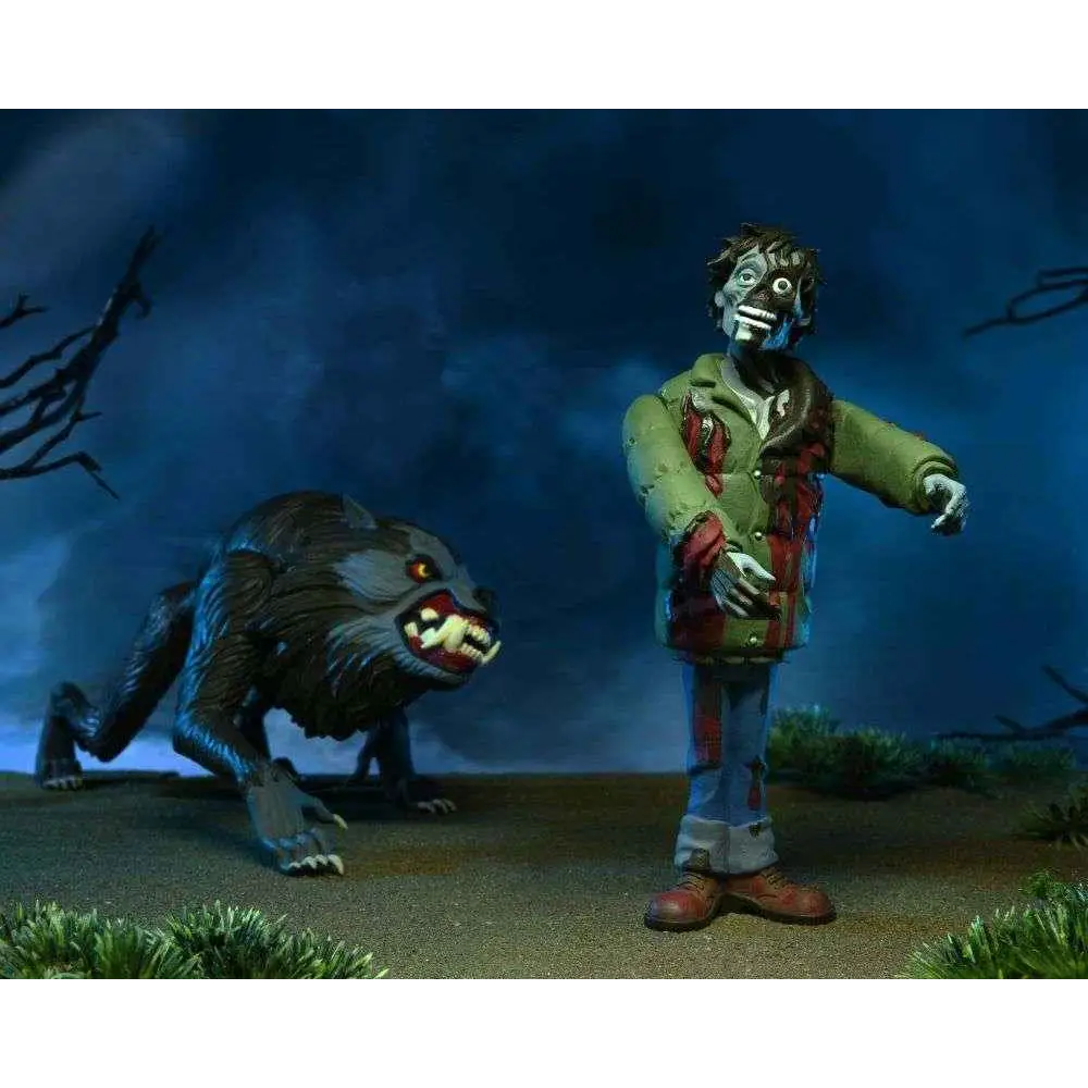 Grön och röd zombiefigur med brunt hår i NECA Toony Terrors Amer Werewolf Jack-set