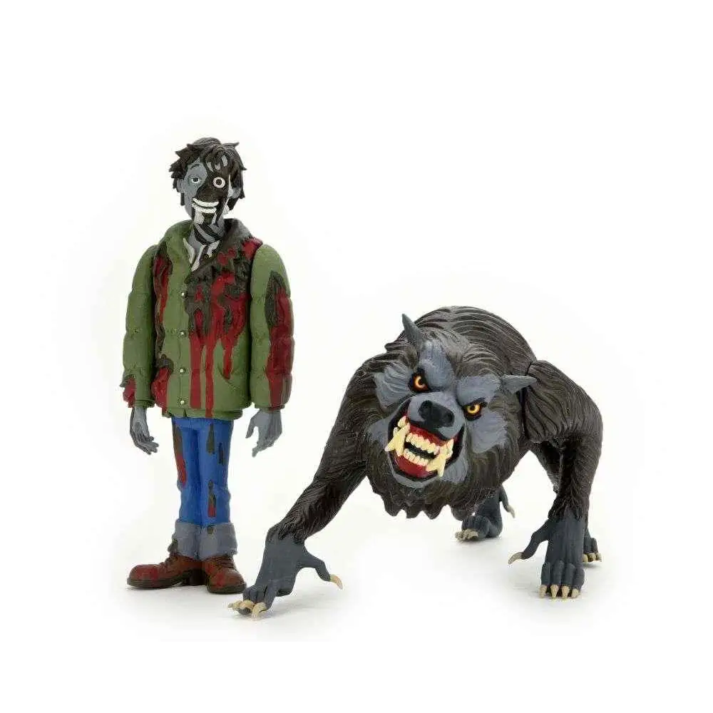 Grå och svart varulv actionfigur med gula ögon, vassa tänder och klorade tassar från NECA Toony Terrors: Amer Werewolf Jack & Wolf 2-Pack