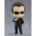 Nendoroid Agent Smith figur från The Matrix i svart kostym med brun hår och svarta solglasögon, med spiraltelefonkabel från örat
