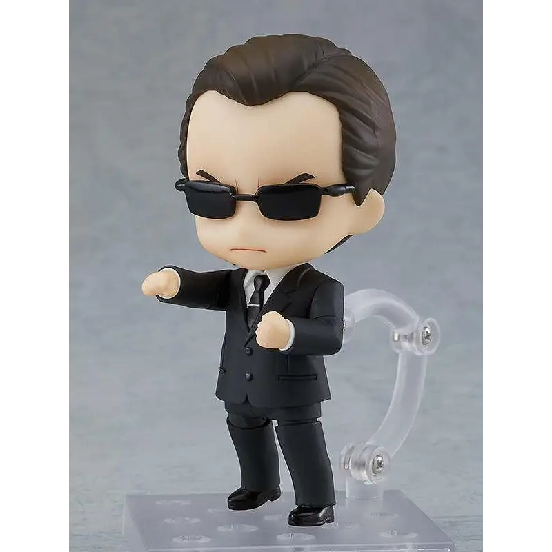 Nendoroid Agent Smith från The Matrix, svart kostym och solglasögon på display