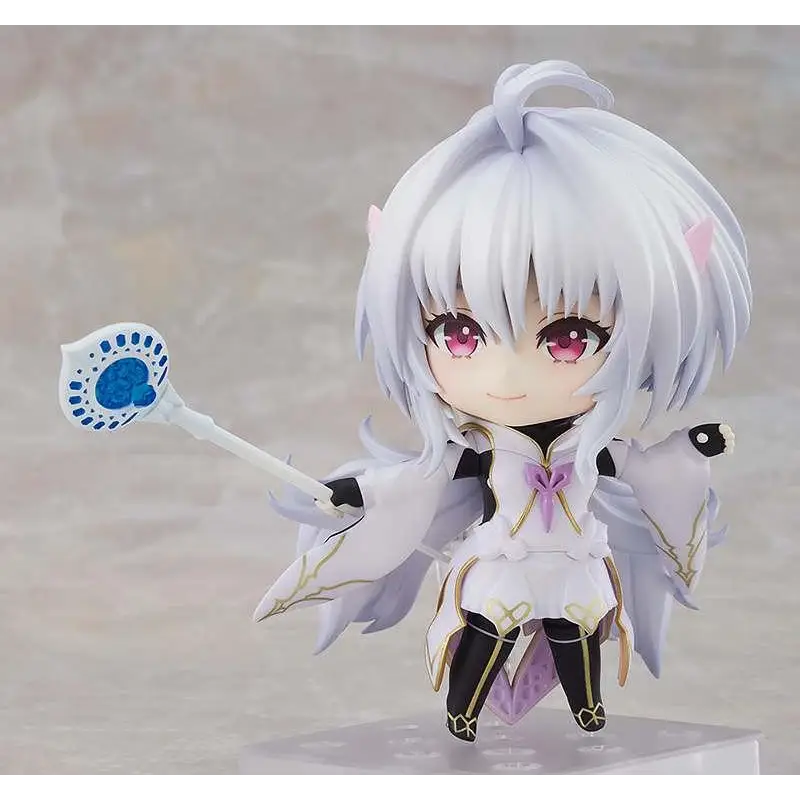 Chibi Nendoroid Caster Merlin-figur med silverhår, rosa ögon, vit-svart klädsel