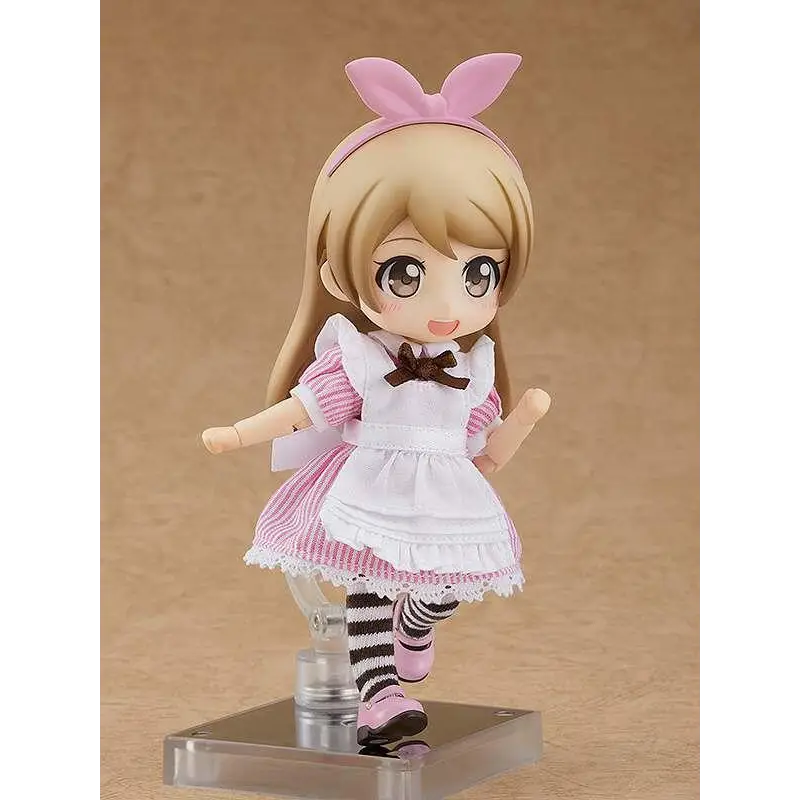 Chibi-figur av blond flicka i vit-rosa randig klänning med Nendoroid Doll Alice - En Ny Färg