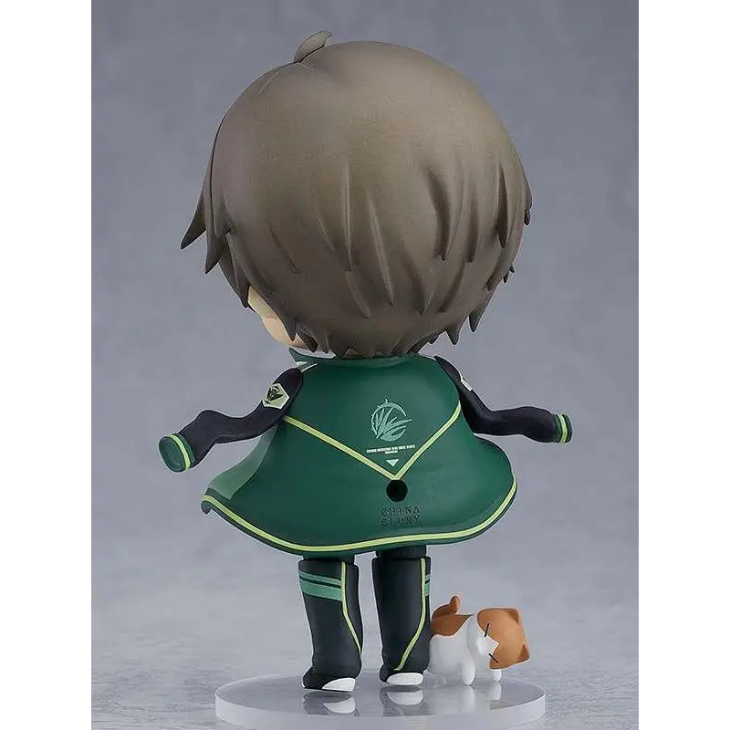Chibi Nendoroid Wang Jiexi AF-figur med brunhårig karaktär i grön-svart uniform och vitbrun katt