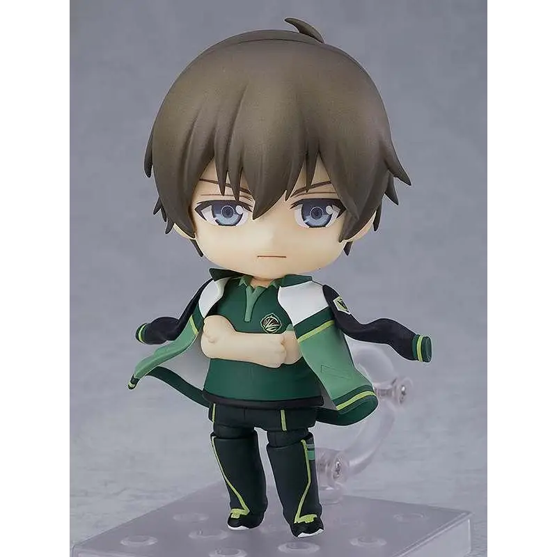 Nendoroid Wang Jiexi AF: chibi-figur av ung pojke med brunt hår, blå ögon, grön-vit jacka och mörk byxa