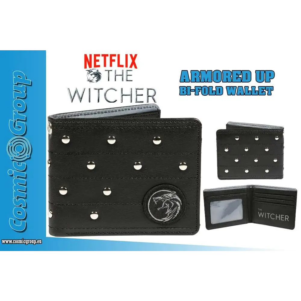 Svart rustad bifold-plånbok med silverknappar och broderad vargemblem från Netflix The Witcher