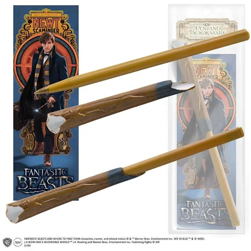 Guldbrun Newt Scamander-pennset med trollstav och bokmärke i trästruktur