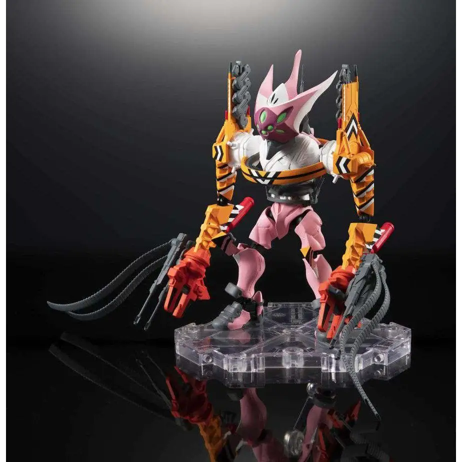 Rosa och orange Evangelion Unit-01 actionfigur med vita accenter på klar plastbas