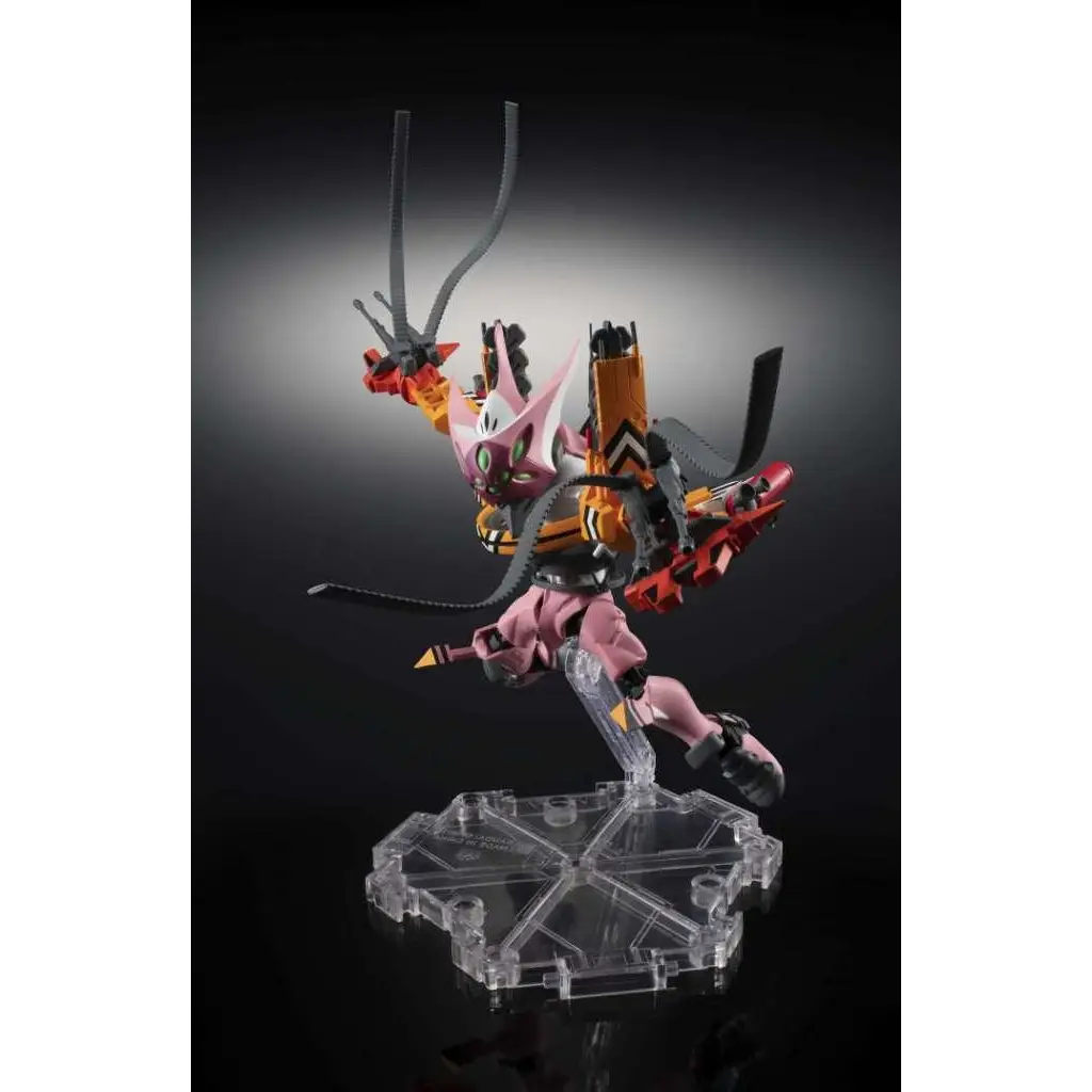 Rosa och orange Evangelion Unit-01 actionfigur med svarta extremiteter på klar plastställ