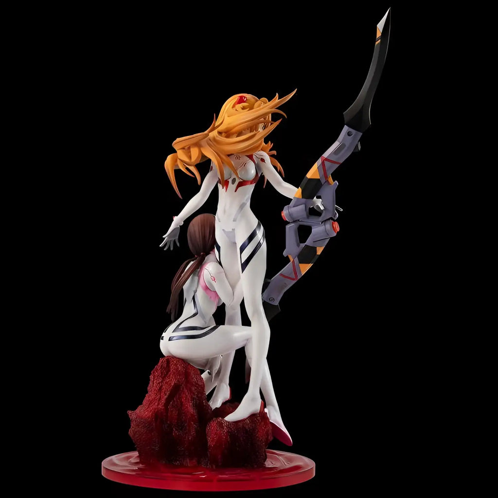 Evangelion Asuka och Mari statyett med vapen, vit röd figur