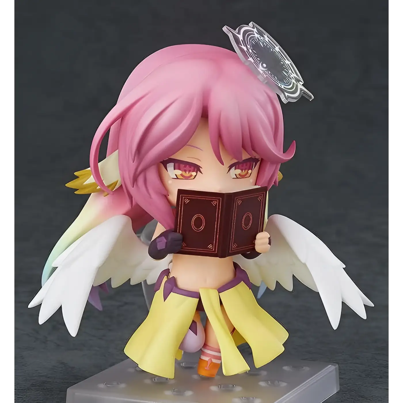 Jibril Nendoroid-figur: Rosa hår, vita vingar, gul kjol, brun bok