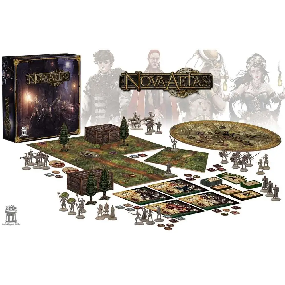Nova Aetas grundspel på engelska med mörk landskap och miniatyrer