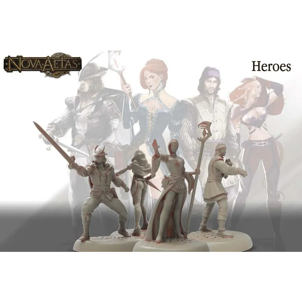 Nova Aetas hjältar i miniatyr, fantasyfigurer i dynamiska poser med rustningar och vapen