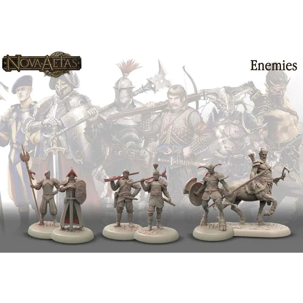 Grå plastminiatyrer av bepansrade krigare och kentaur på cirkulära baser i Nova Aetas grundspel