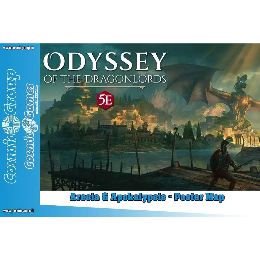 Fantasy poster map of Odyssey of the Dragonlords with dragon over Aresia landscape
