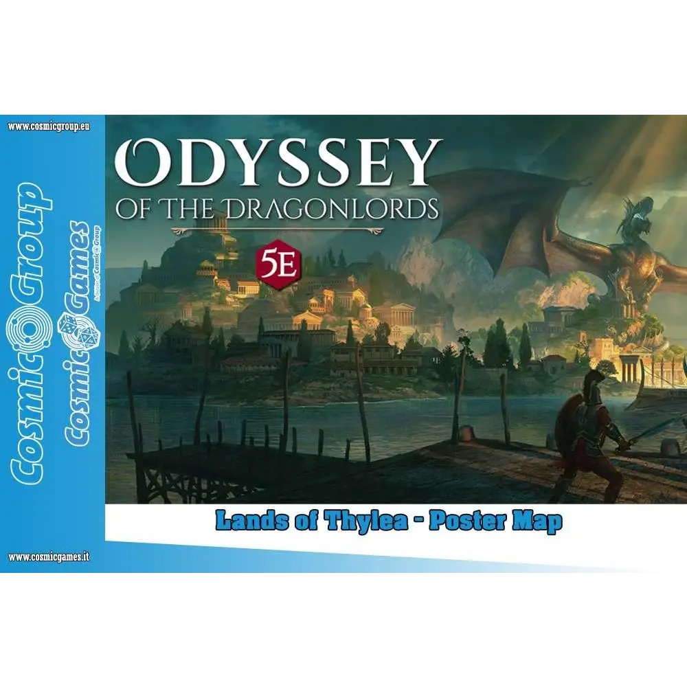 Odyssey of the Dragonlords poster map med kuststad och drake