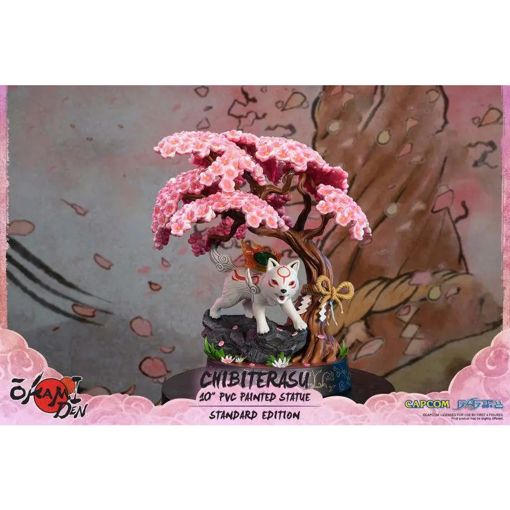 Vit chibiterasu-figur från Okamiden under körsbärsblomstenträd