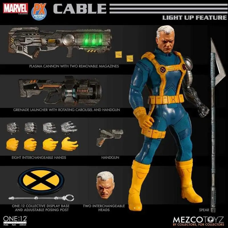 One:12 Collective Cable X-Men Edition actionfigur i blått och gult med silvermetallicrustning, utbytbara huvuden, händer och vapen