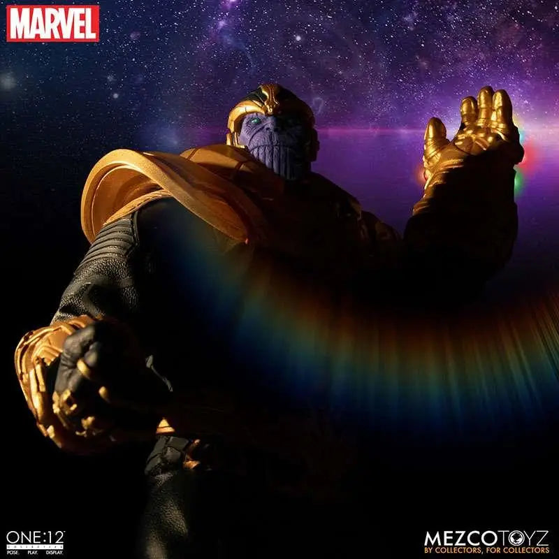 Guldpläterad Thanos actionfigur från One:12 Collective med lila hud och svart rustning