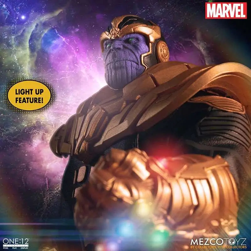 Gyllene rustade Thanos-figur med lila hud och lysande Infinity Gauntlet
