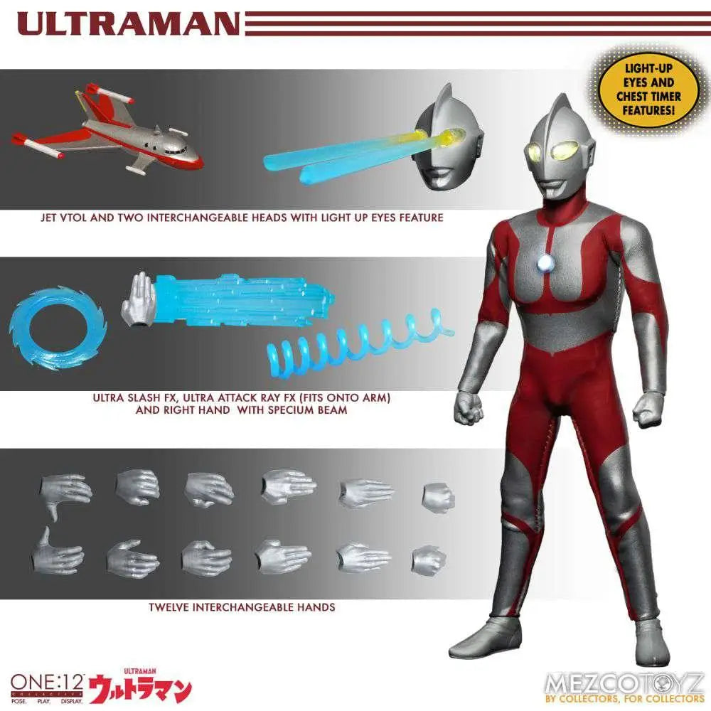 Röd och silver Ultraman-figur med upplysta ögon och timer, detaljerad rustning och utbytbara delar