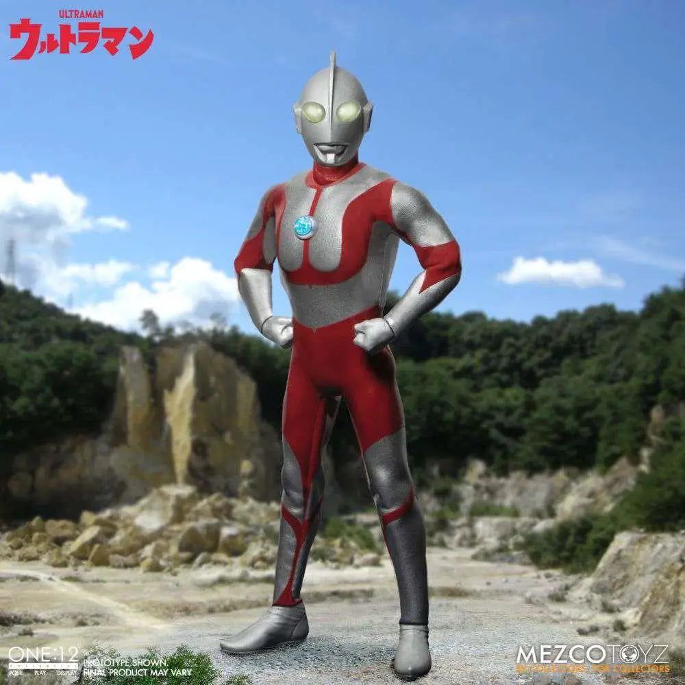 Silver and red One:12 Collective Ultraman action figure with metallic finish, glowing yellow eyes and blue chest emblem