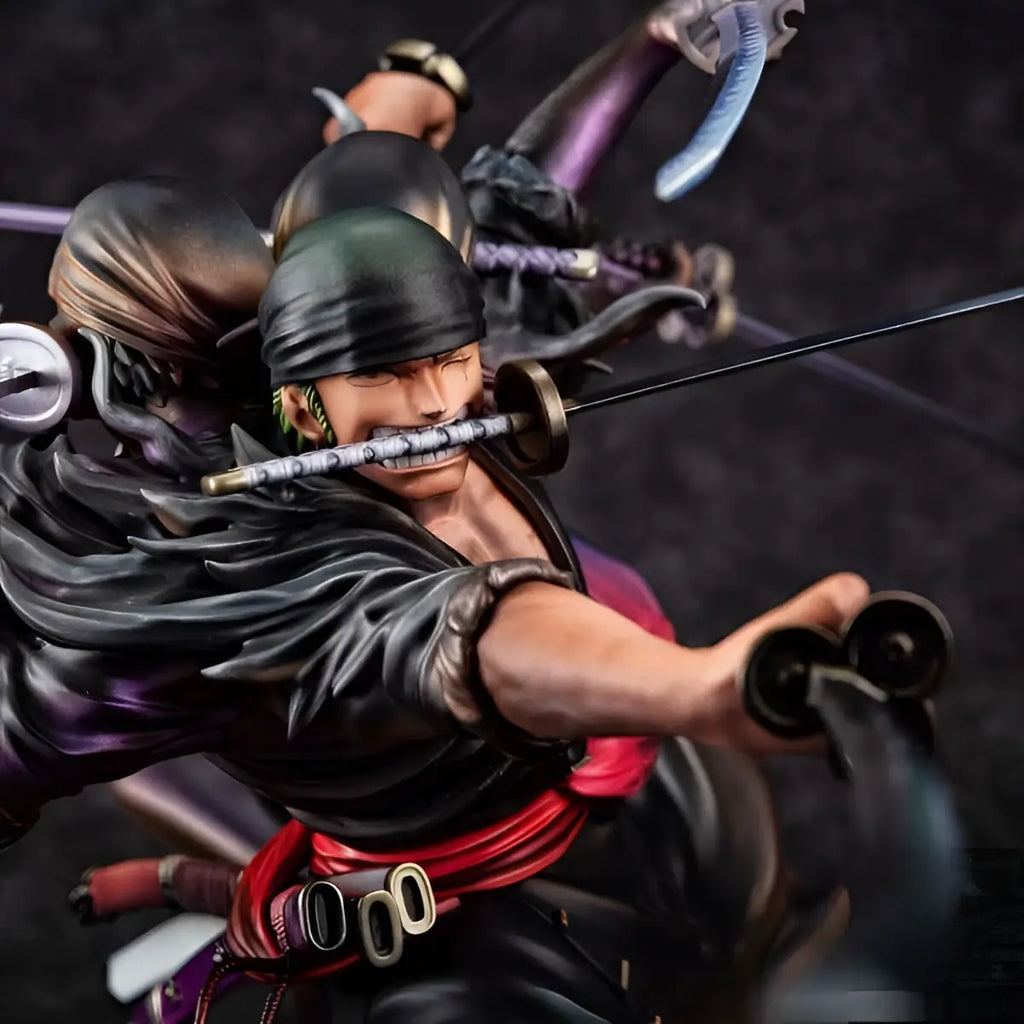 One Piece Pop Zoro Demon Asura-statyn med svart-röd figur, grönt hår och svärd