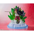 Röd-hårig One Piece-figur Shanks och Uta i vit skjorta, röda byxor på blå bas med grön kristallfoliage