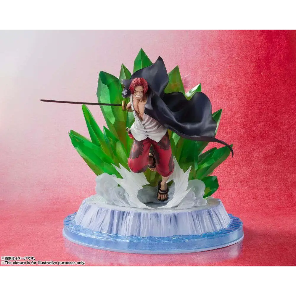 Röd-hårig One Piece-figur Shanks och Uta i vit skjorta, röda byxor på blå bas med grön kristallfoliage