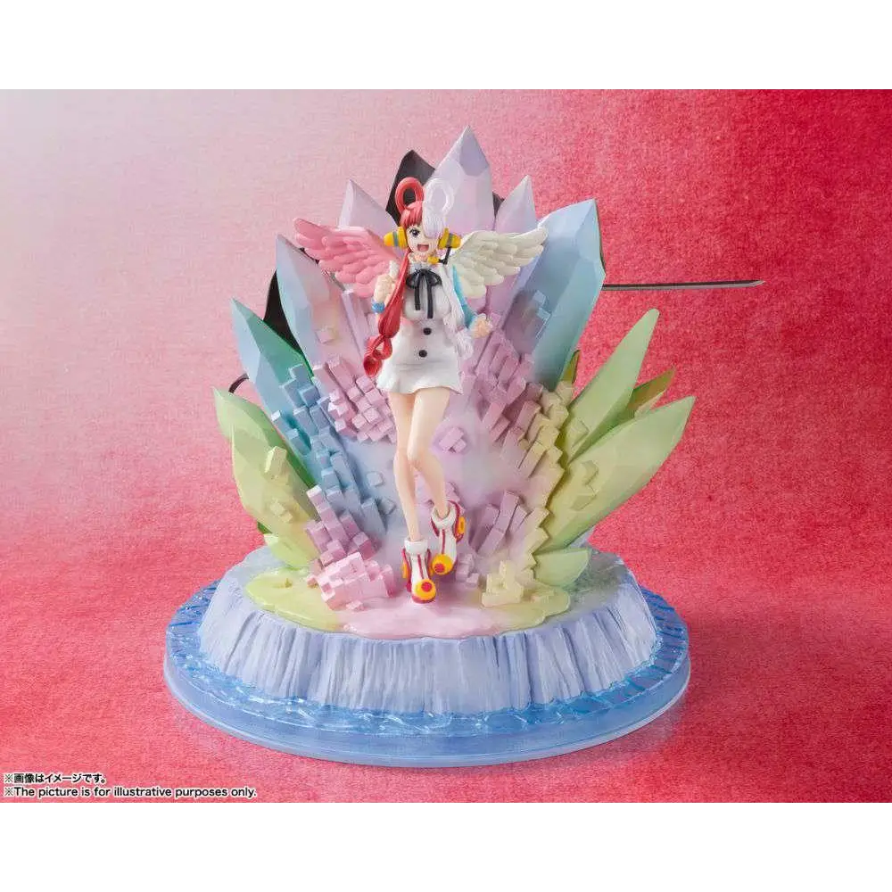 Färgglad One Piece Zero-statett med Shanks, Uta, rosa vingar och röda håret på blå bas