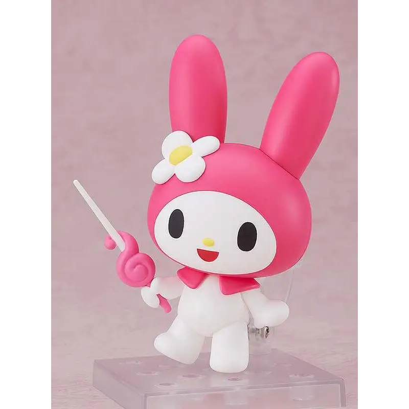 Rosa My Melody Nendoroid-figur med vit blomma på huvudet, rosa band och karamellstav