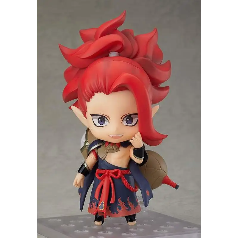 Rödhårig chibi-figur av Shuten Doji Nendoroid från Onmyoji, med spetsiga öron, blå ögon och blå mantel med eldsmönster
