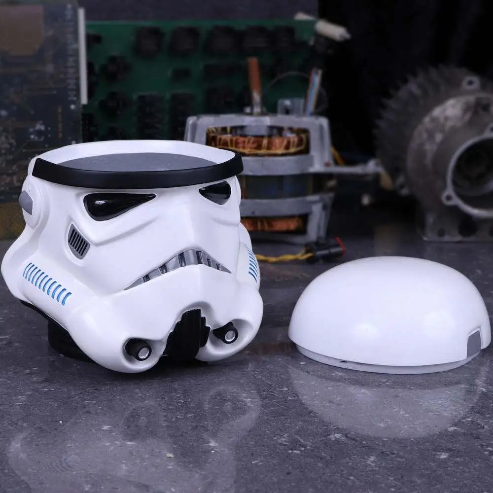 Vit stormtrooper-hjälm Bluetooth-högtalare med svart visir och blå accenter i Original Stormtrooper-Hjälm Box