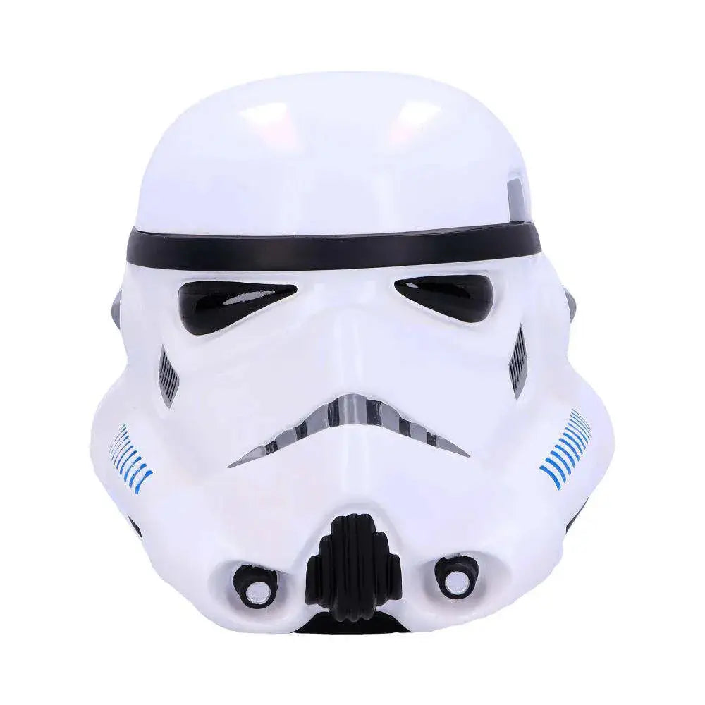 Vit plast Stormtrooper-hjälm med svart visor, andningsapparat och blå accenter i Original Stormtrooper-Hjälm Box