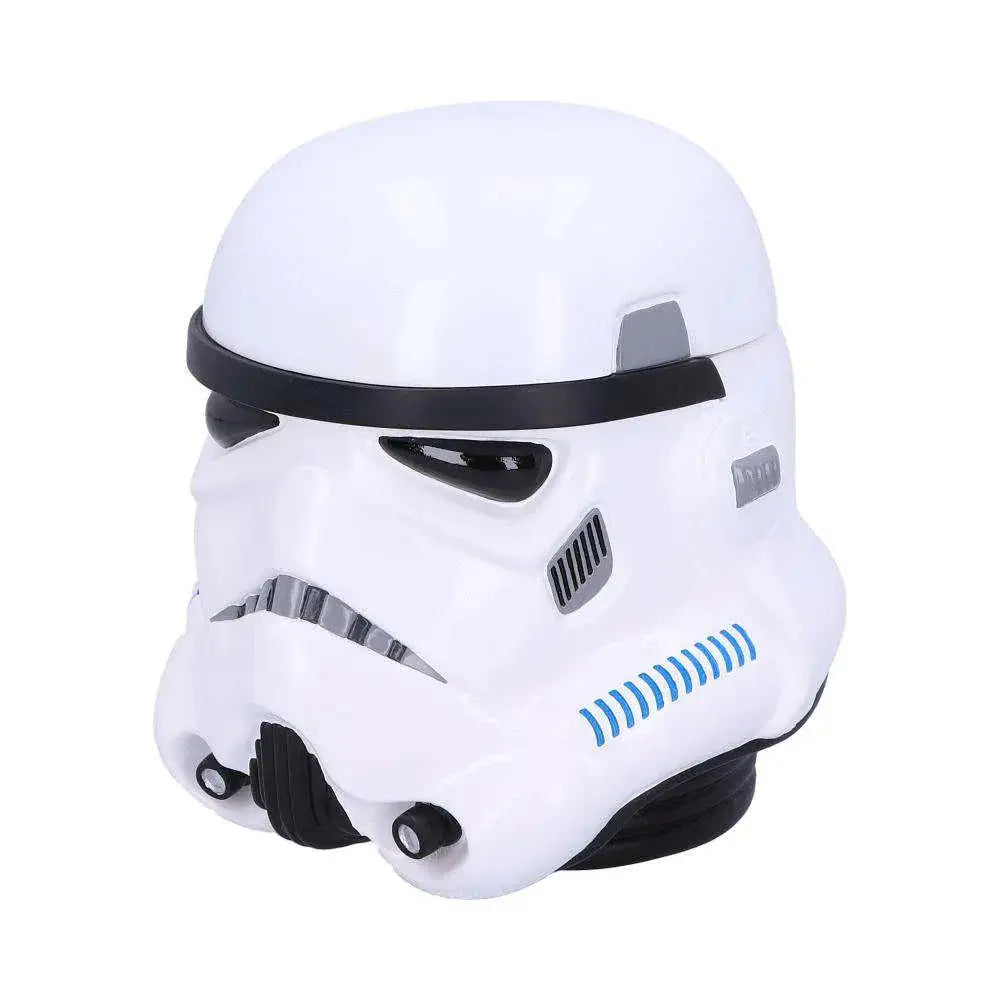 Vit plast stormtrooper-hjälm med svart visir, blå ventilationssprickor
