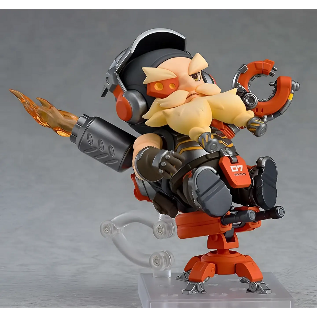 Orange och svart mekanisk figur med gul skägg, hörlurar och flammande vapen