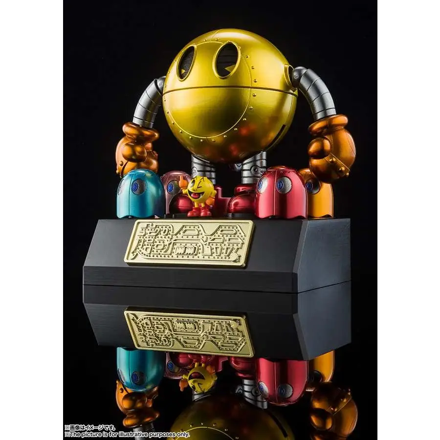 Guldmetallic Pac-Man Chogokin-robot med spöken och mini-figur på svart bas