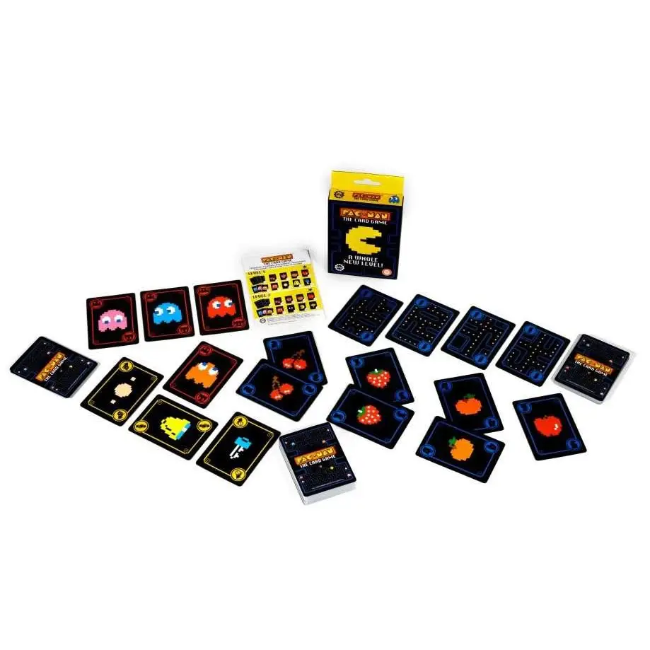 Pac-Man kortspel i gulsvart box med pixelade figurer och frukt