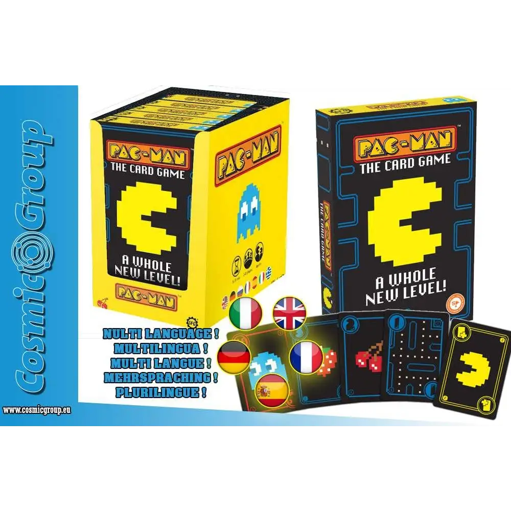 Pac-Man kortspelsbox med gul och svart design och pixelrad figur