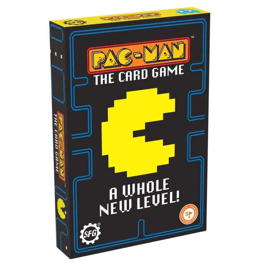 Gul pixel Pac-Man i blå labyrint med orange text på svart box för kortspel
