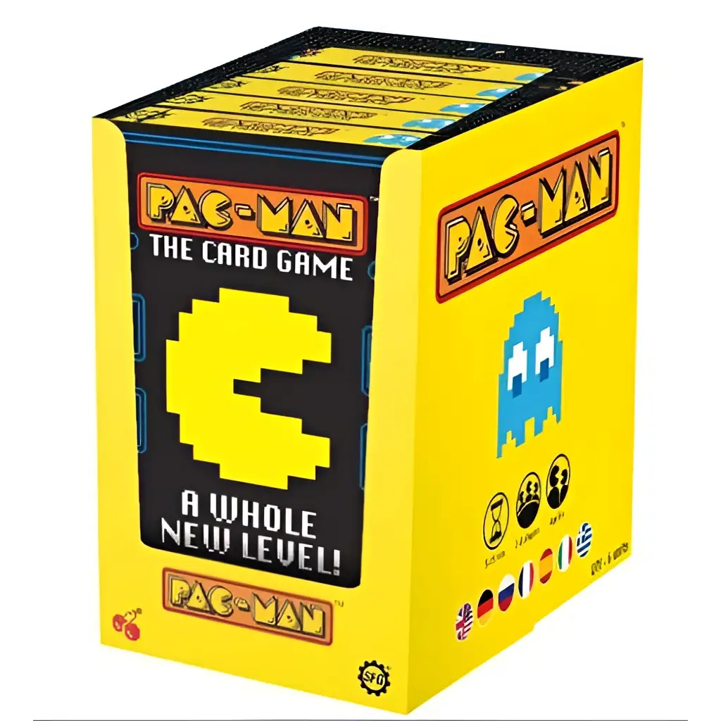Gul Pac-Man kortspelsbox med pixel Pac-Man och blå spöke